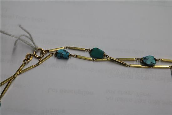 An Italian 18ct gold and turquoise set baton link chain, 78cm.